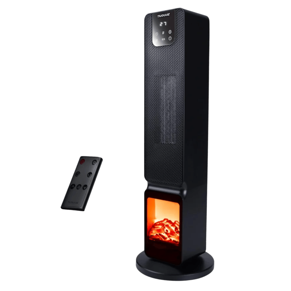 Ceramic Tower Heater with Fireplace Display and Remote